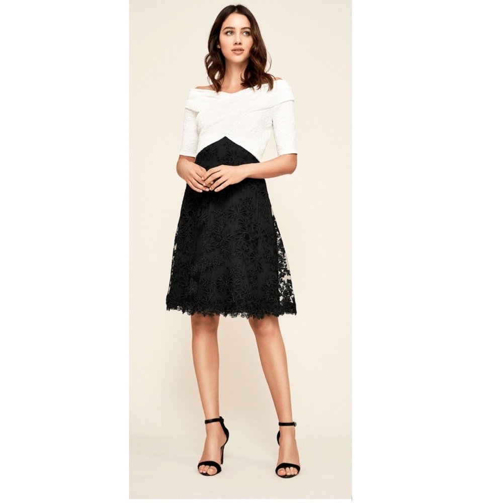 Tadashi Shoji Dorian Jacquard Dress Off Shoulder Lace Skirt Wedding Cocktails